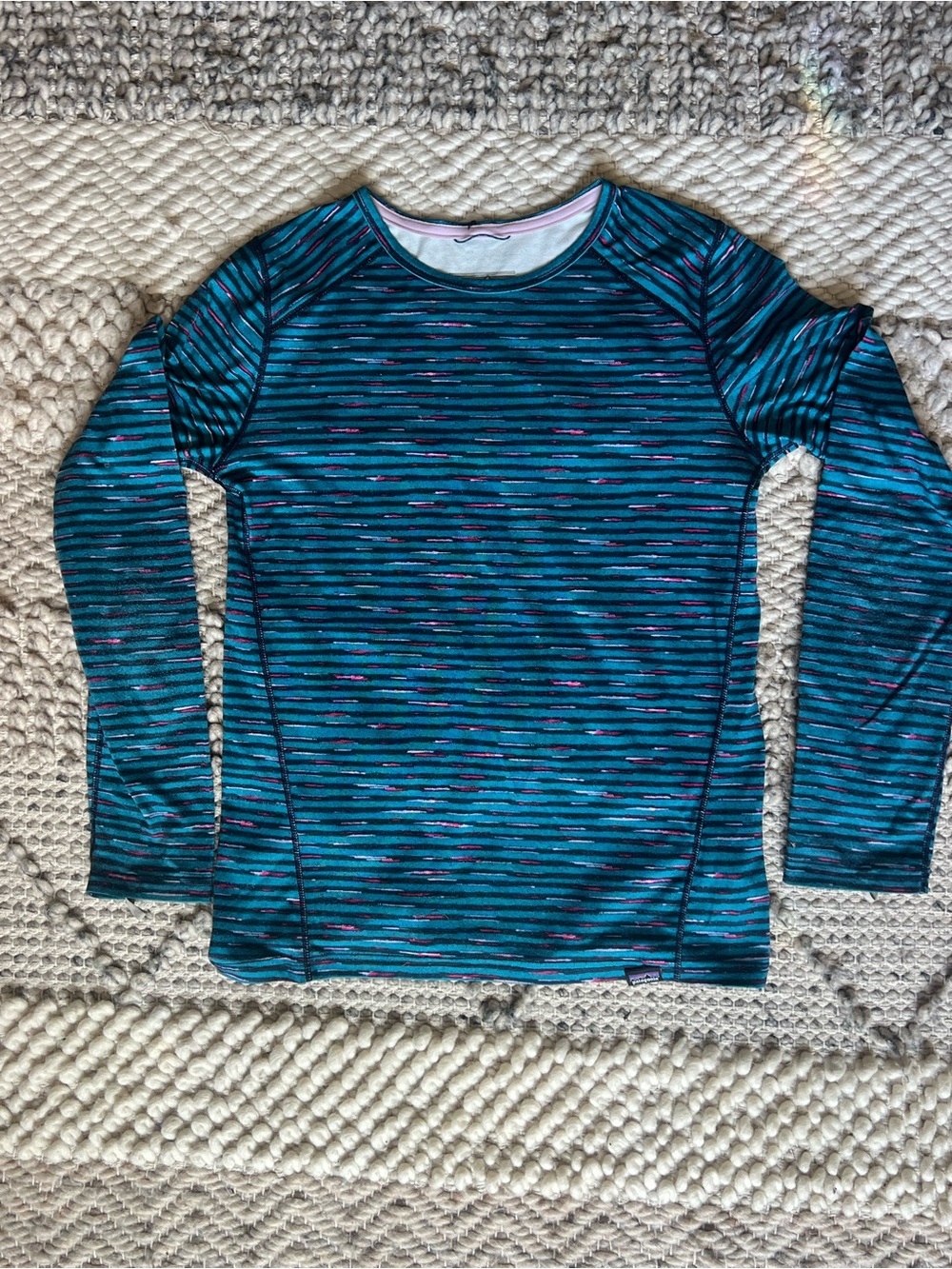 Patagonia Teal & Pink Striped Long Sleeve Tee